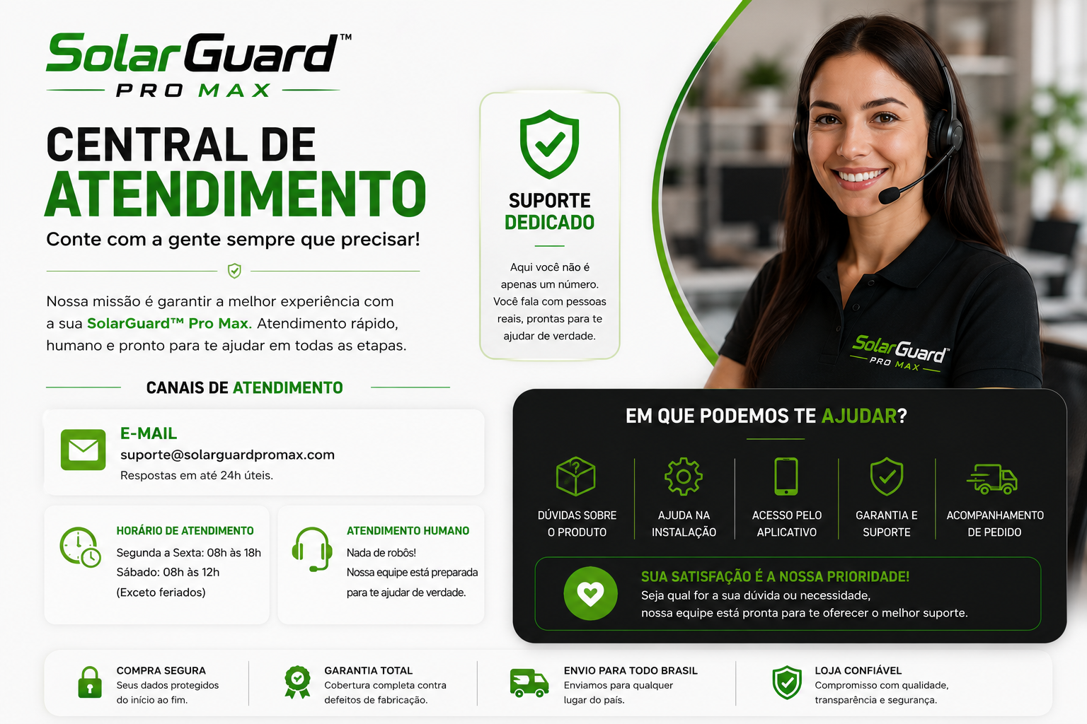 Central de Atendimento Solar Guard Pro Max: suporte dedicado, canais de atendimento e garantia total