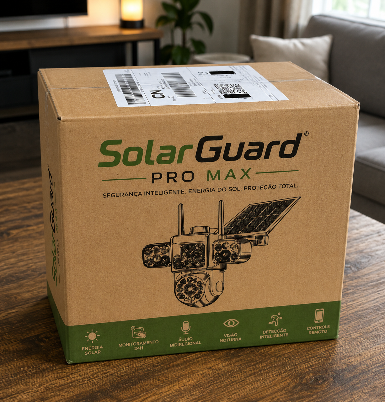 Caixa oficial SolarGuard Pro Max com ilustração do produto e selos de recursos